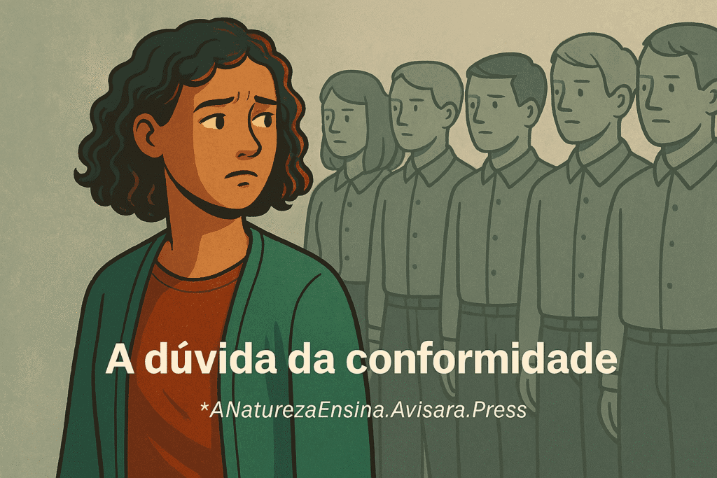 A Natureza Ensina - A Força da Autenticidade: Navegando a Pressão de Grupo com a Sabedoria dos Macacos - Lições da Natureza - autenticidade A Dúvida da Conformidade Pessoa hesitante olhando para grupo uniforme, dúvida