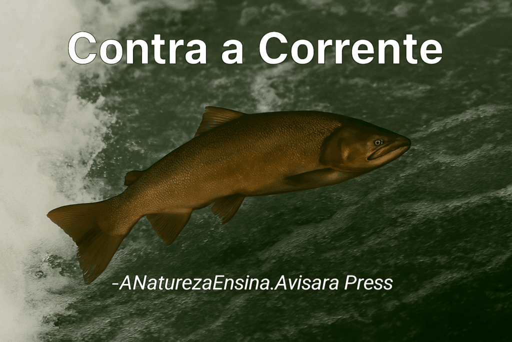 A Natureza Ensina - A Arte de Dobrar, Não Quebrar: Desenvolvendo Resiliência com a Inspiração do Peixe - Lições da Natureza - Resiliência Contra a Corrente Salmão nadando contra correnteza, resiliência