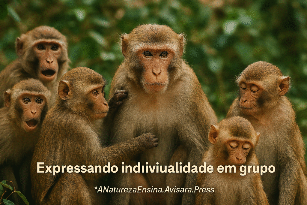 A Natureza Ensina - A Força da Autenticidade: Navegando a Pressão de Grupo com a Sabedoria dos Macacos - Lições da Natureza - autenticidade Expressões do Bando Grupo de macacos com expressões diversas