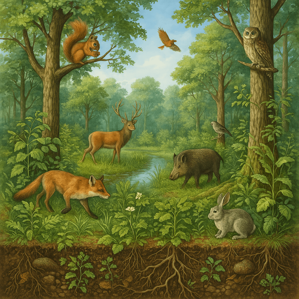 ilustração de um ecossistema equilibrado e regenerativo