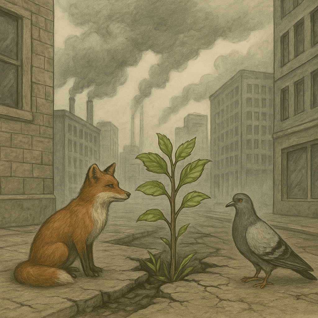 A Natureza Ensina - Ecossistemas em equilíbrio: o que a natureza ensina sobre estabilidade, caos e regeneração - Ecologia e Conservação - Ecossistemas Ecossistemas em equilíbrio: Cidade cinza coberta por poluição com árvores crescendo entre rachaduras do asfalto, revelando contraste entre o concreto e a resiliência da natureza