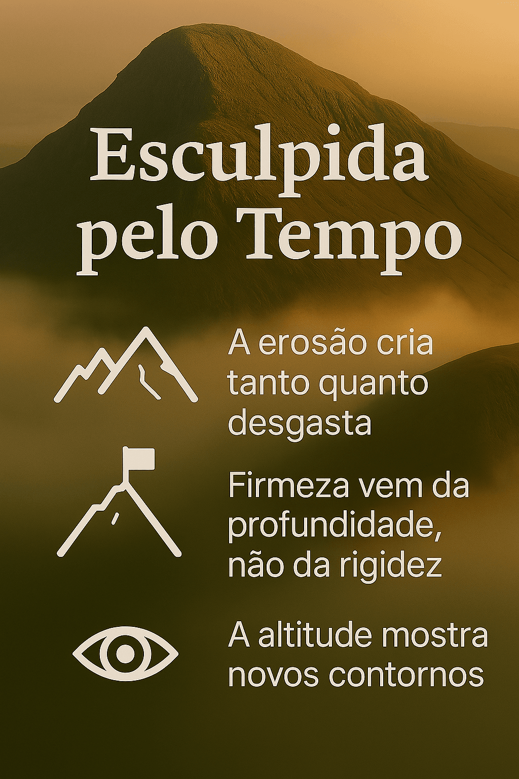 A Natureza Ensina - Nem Toda Transformação Faz Barulho: O Que as Montanhas Nos Ensinam - Lições da Natureza - montanhas Infográfico sobre erosão criativa, profundidade como firmeza e perspectiva da altitude, com fundo de montanhas