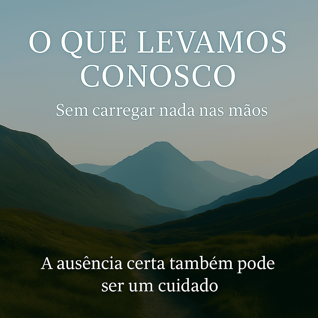 A Natureza Ensina - Nem Toda Transformação Faz Barulho: O Que as Montanhas Nos Ensinam - Lições da Natureza - montanhas Trilha coberta por vegetação e cabana abandonada ao fundo com o título “Quando Partimos com Delicadeza”