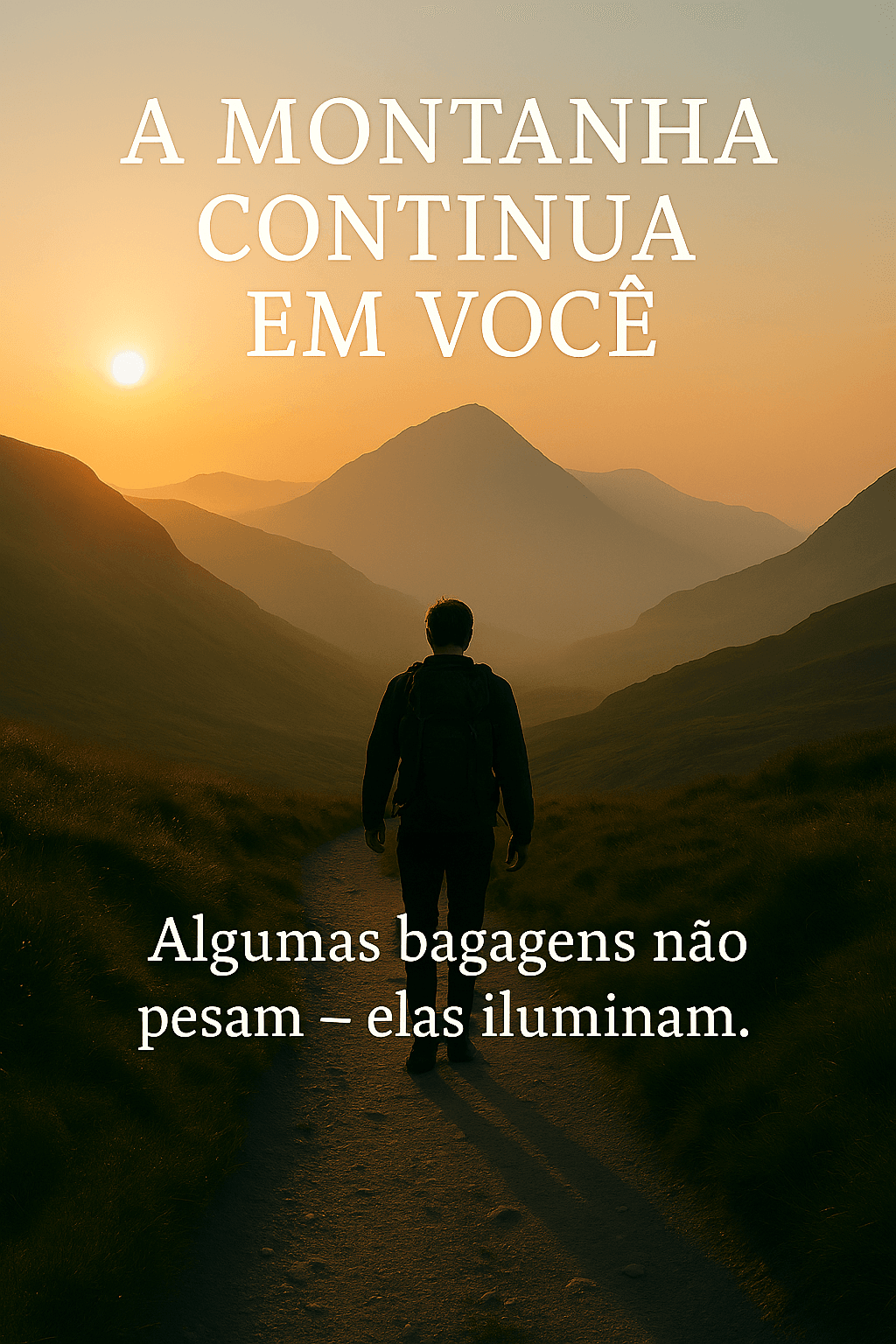 A Natureza Ensina - Nem Toda Transformação Faz Barulho: O Que as Montanhas Nos Ensinam - Lições da Natureza - montanhas Pessoa descendo trilha ao amanhecer com o título “A Montanha Continua em Você”