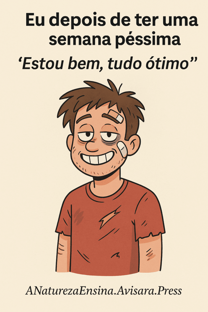 A Natureza Ensina - Superando Limites: A Sabedoria da Natureza para Transformar sua Vida, Carreira e Negócios - Lições da Natureza - Superando Limites personagem animado desarrumado sorrindo sarcasticamente após semana difícil, usado como metáfora visual de resiliência forçada