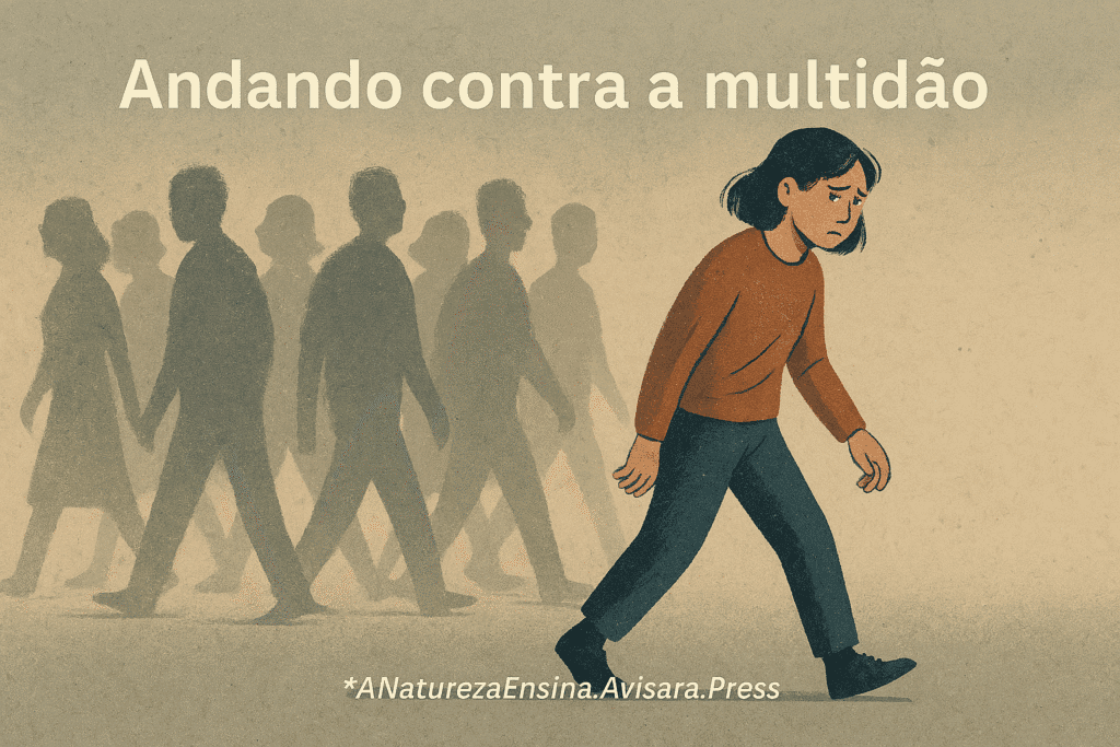 A Natureza Ensina - A Força da Autenticidade: Navegando a Pressão de Grupo com a Sabedoria dos Macacos - Lições da Natureza - autenticidade Pessoa andando contra multidão, conflito interno