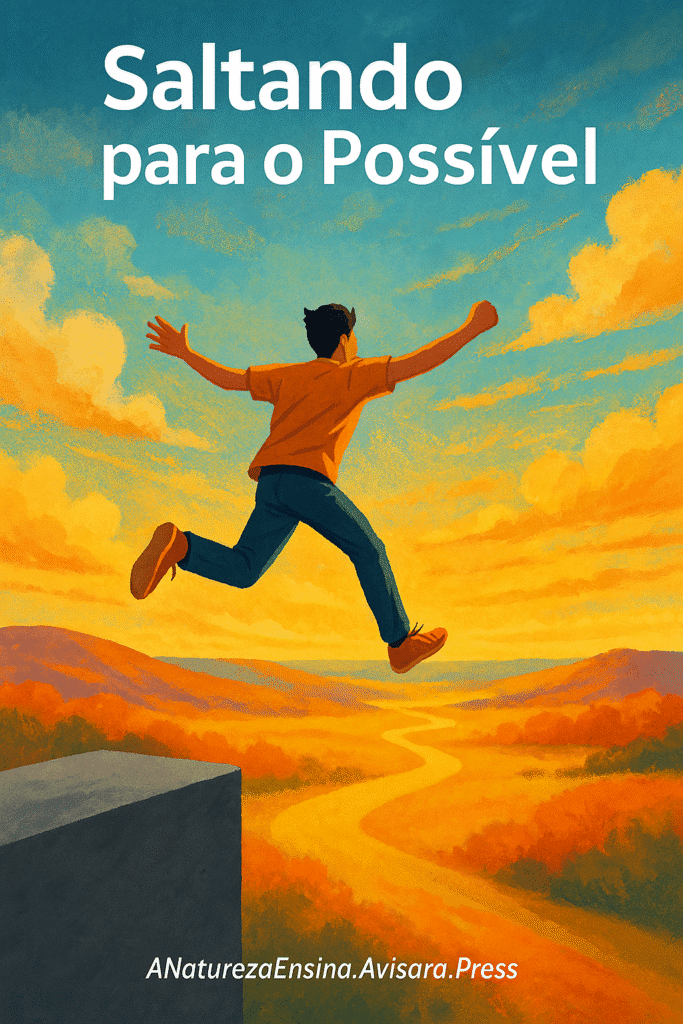 A Natureza Ensina - Saltando para o Sucesso: Como Sair da Zona de Conforto com a Perspicácia das Pulgas - Lições da Natureza - sair da zona de conforto Pessoa saltando com entusiasmo de plataforma rumo a cenário vibrante representando superação e oportunidades