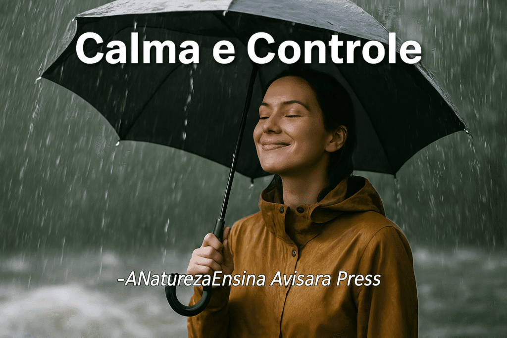 A Natureza Ensina - A Arte de Dobrar, Não Quebrar: Desenvolvendo Resiliência com a Inspiração do Peixe - Lições da Natureza - Resiliência Serenidade na Tempestade Pessoa sorrindo na chuva com guarda-chuva, bem-estar