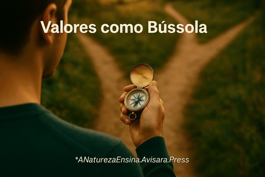 A Natureza Ensina - A Força da Autenticidade: Navegando a Pressão de Grupo com a Sabedoria dos Macacos - Lições da Natureza - autenticidade Valores como Bússola Pessoa com bússola em encruzilhada, valores como guia