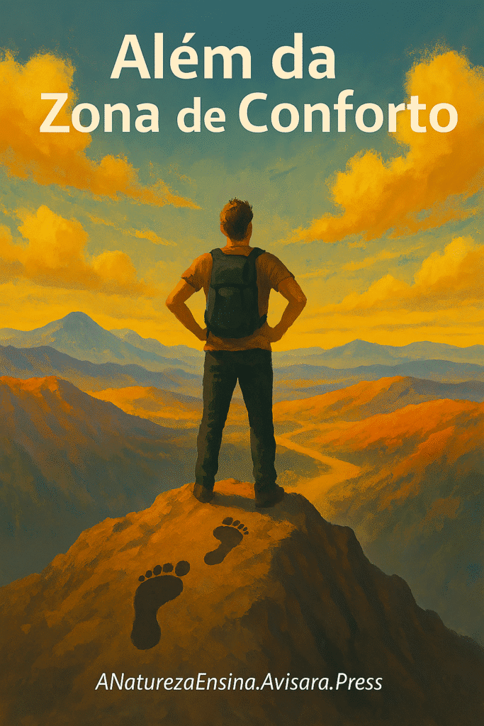 A Natureza Ensina - Saltando para o Sucesso: Como Sair da Zona de Conforto com a Perspicácia das Pulgas - Lições da Natureza - sair da zona de conforto Uma pessoa no topo de uma montanha, olhando para uma vasta paisagem com uma expressão de superação e liberdade.
