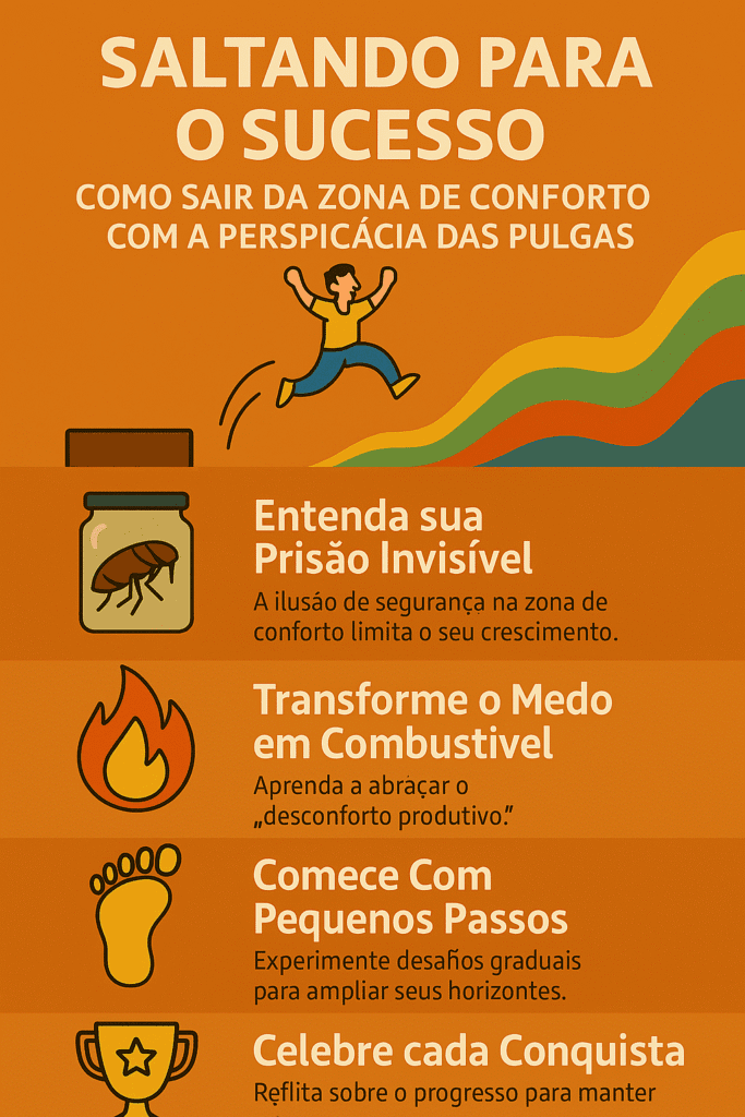A Natureza Ensina - Saltando para o Sucesso: Como Sair da Zona de Conforto com a Perspicácia das Pulgas - Lições da Natureza - sair da zona de conforto Infográfico com estratégias para superar a zona de conforto inspirado na metáfora da pulga