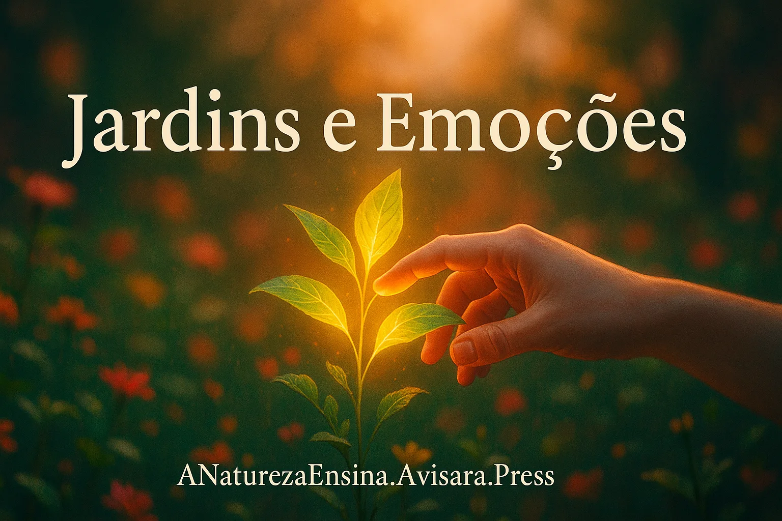 Jardins e Emoções: Mão em contato com uma planta iluminada, representando a transferência de emoções.